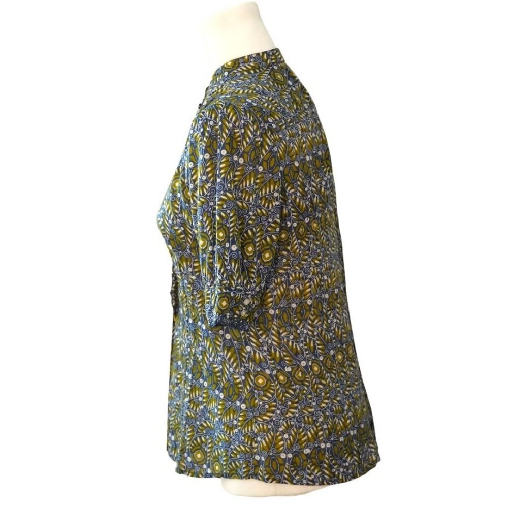 Banana Republic Boho Leaf Batik Blouse Sz Small Mandarin Collar Puff Sleaves Cot - Picture 9 of 11